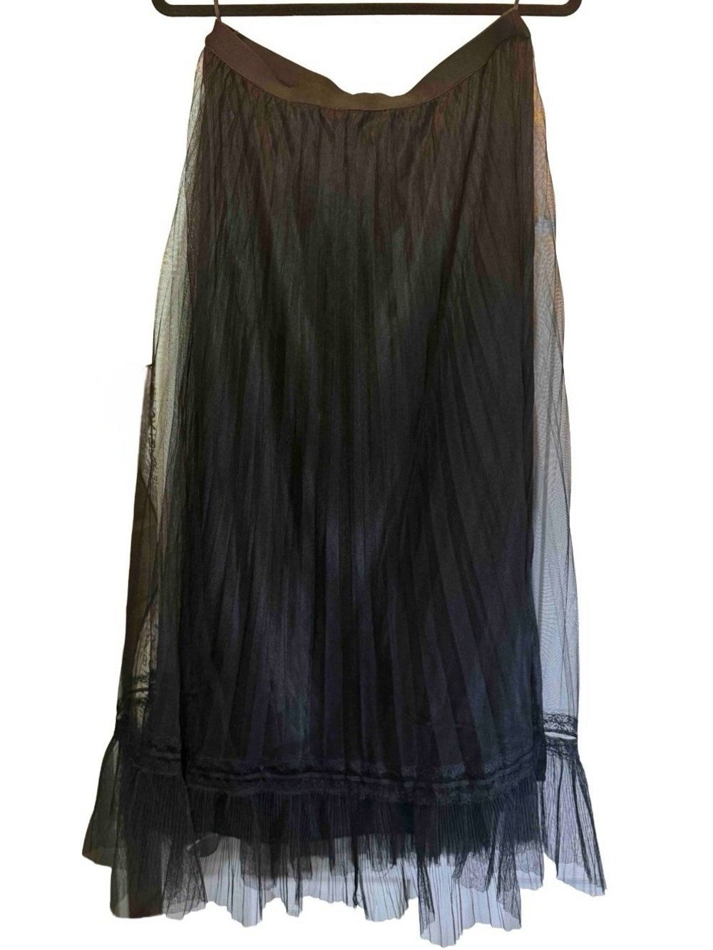 Dwirapal Black Tulle Mesh Pleated Fairycore Whimsigoth Midi Skirt Size 44 large - Picture 2 of 10